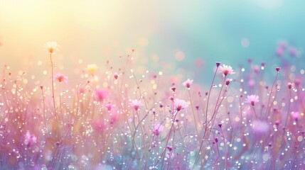 Canvas Print - Early spring flowers and dew in a softly lit, pastel meadow, minimalist design