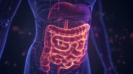 Human gut, stomach and bowels anatomy 3d render. Human digestive organ health, small and large intestine colon, abdomen x-ray. Gastrointestinal tract, internal microbiome inflammation 