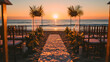 © Nemanja - Romantic scene of the sea or ocean sand beach wedding at the sunset with bouquets of rose flowers and chairs for the guests. No people, nobody, copy space. Summer marriage ceremony, holiday engagement