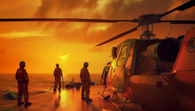 Beautiful Sunset Photo Of A Aircraft Servise Team Military Soldiers Silhouettes Next To Helicopter With Wide Propeller Blades On Navy Aircraft Carrier Deck. Modern Military Technology Concept Image.