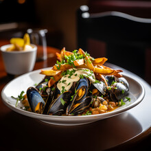Moules Frites Containing Steamed Mussels Served With Crispy Fries, Accompanied By A Flavorful Sauce