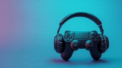 Sticker - Black standard videogame controller, headphones and game console on a blue gradient background.