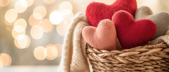 A rustic basket filled with hand-knit woolen hearts in shades of red and pink, set against a soft, bokeh light background, perfect for Valentine's Day content and love-themed projects. High quality