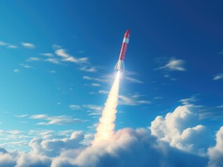 Sticker - A rocket is flying through the sky with clouds. Generative AI.