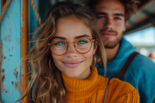 Caucasian Girl With Piercing Blue Eyes And Sensual Lips And A Handsome Man In The Background Out Of Focus.