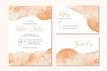 Wall Mural - wedding invitation set with abstract orange watercolor background