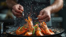 Seafood, Professional Chef Preparing Prawns With Sprigg Beans. Cooking Seafood, Healthy Vegetarian Food And Food On A Dark Background - Generative Ai