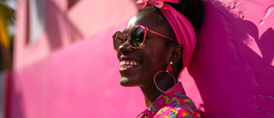 A woman wearing pink sunglasses and smiling with a vibrant pink hairpiece and bold lipstick strikes a pose in her statement sunglasses, exuding confidence and embracing her unique sense of style