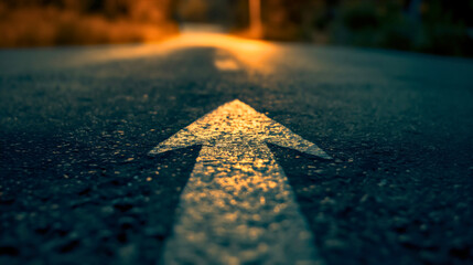 low angle photography of a white arrow on the asphalt road during the sunset. straight ahead way con