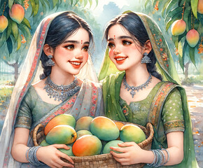 Wall Mural - Two Indian girls  in traditional attire with  basket of mangoes. Watercolor illustration. Holiday and cultural concept. Image for festive poster, greeting card, postcard or invitation template. 