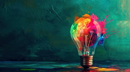 Eureka moment of creative inspiration concept with liquid paint merging into a colorful lightbulb on dark green background