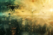 A Fleet Of Drones Soar Above A Bustling Metropolis, Their Sleek Frames Blending Seamlessly With The Urban Landscape As They Navigate Through The Crisp City Air