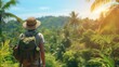 Solo traveler with backpack gazing at a tropical forest landscape