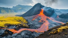Erupting Volcano Amidst Yellow Wildflowers