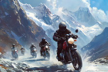 group of motorcyclists riding through a mountain pass. The riders are wearing helmets and leather jackets, and there are snow-capped peaks in the background