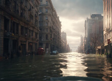 View Of The City, Flooding In The City, End Of The World . Perfect Composition, Beautiful Detailed , 8k Photography, Photorealistic , Soft Natural Perfect Light, HD Quality