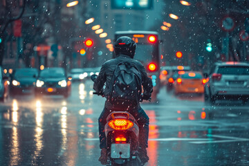 man riding a motorcycle through a city during a rainstorm. The streets are slick with rain, and there are other vehicles on the road