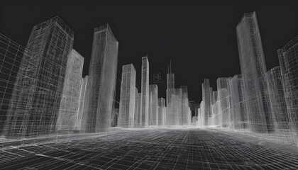 Wall Mural - Abstract wireframe city background. Perspective 3D render of building wireframe. Vector.