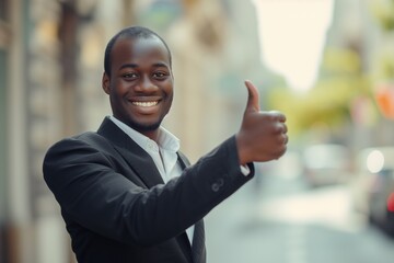 Young happy handsome smiling professional black businessman, happy confident positive male entrepreneur standing outdoor on street thumbs up, looking at camera,