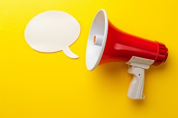 Megaphone with speech bubble on yellow background, marketing concept