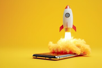 Wall Mural - rocket taking off from cell phone screen on yellow background, startup concept
