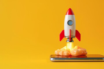 Wall Mural - rocket taking off from cell phone screen on yellow background, startup concept