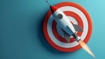 Wall Mural - Rocket and red round target on blue background with copy space, startup concept