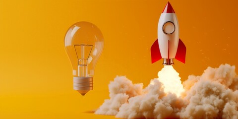 Wall Mural - Rocket taking off and light bulb on yellow background, startup ideas concept