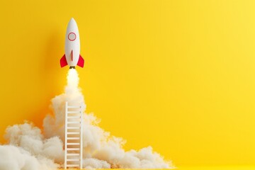 Wall Mural - Rocket taking off over white ladder on yellow background, startup concept with copy space