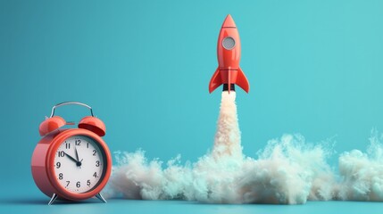 Wall Mural - Rocket taking off and red alarm clock on blue background, startup concept