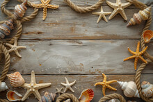 Top View Seashells And Starfish On Wood Background, Flat Lay Minimal Summer Holiday Vacation Concept,