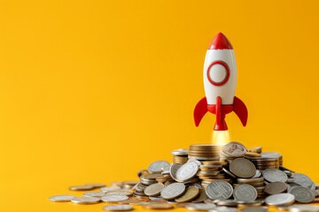 Wall Mural - rocket taking off over pile of coins on yellow background, startup concept