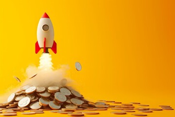 Wall Mural - rocket taking off over pile of coins on yellow background, startup concept