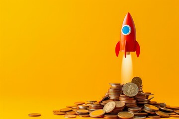 Wall Mural - rocket taking off over pile of coins on yellow background, startup concept