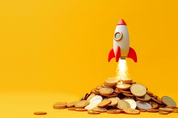 Wall Mural - rocket taking off over pile of coins on yellow background, startup concept