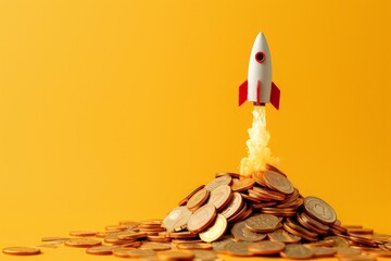 Wall Mural - rocket taking off over pile of coins on yellow background, startup concept