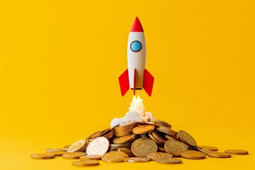 Wall Mural - rocket taking off over pile of coins on yellow background, startup concept