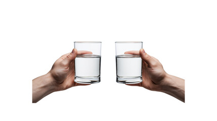 Close-up of 2 men's hands holding something like a glass of water or something.