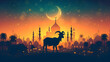 Eid al-Adha poster concept with goat and mosque in the background, representing the Islamic holiday and tradition of sacrifice. It can be used for event promotion or educational purposes.