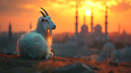 Poster - Eid al Adha poster concept with goat and mosque background, depicting the Islamic holiday celebration and traditional religious practices.