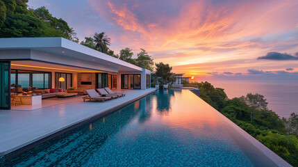 Wall Mural - Modern house villa with a swimming pool, modern pool villa at the beach, luxury villa with tropical ocean at sunset golden hour