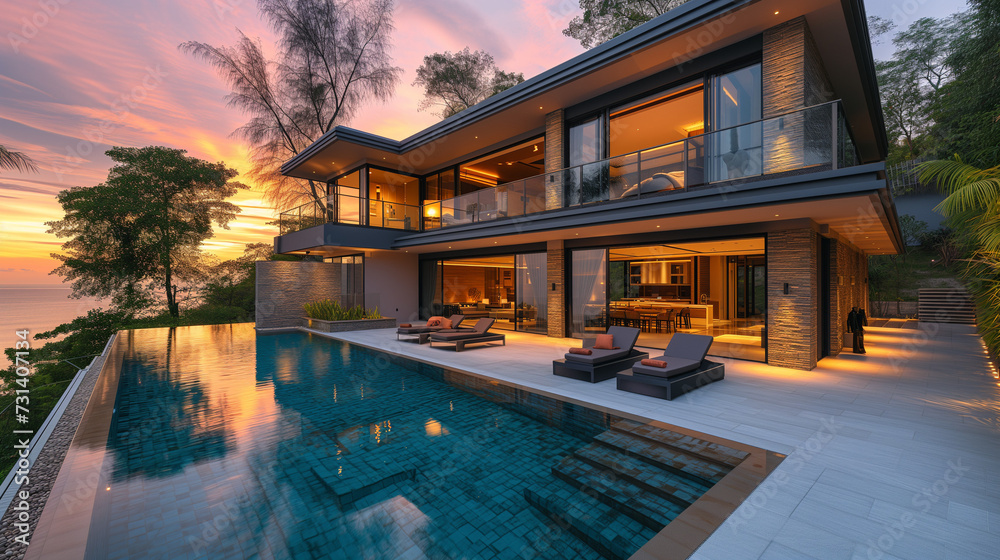 Modern house with a swimming pool, modern pool villa at the beach ...