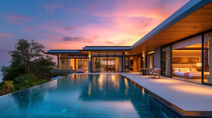 Wall Mural - Modern house with a swimming pool, modern pool villa at the beach, luxury villa in Thailand at susnet