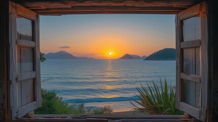 Poster - Sunset through a wooden window with ocean beach view of Fethiye Turkey