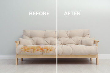 Canvas Print - Sofa before and after dry-cleaning indoors, collage