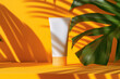 Suncream sun lotion packaging mockup tube on a bright sunny background with tropical palmtree leaf