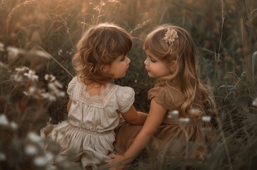 Two young girls, one in a pretty dress and the other in casual clothing, sit among the tall grass in a field, their faces full of joy and innocence as they enjoy the beauty of the outdoors together