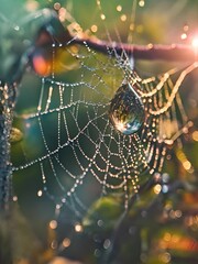Wall Mural - a dew covered spider web with a drop of water on it