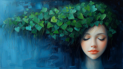 Wall Mural - Oil painting of a young woman with her head covered in green leaves