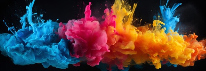 Poster - Colorful ink paint splatter smoke explosion background isolated on dark background